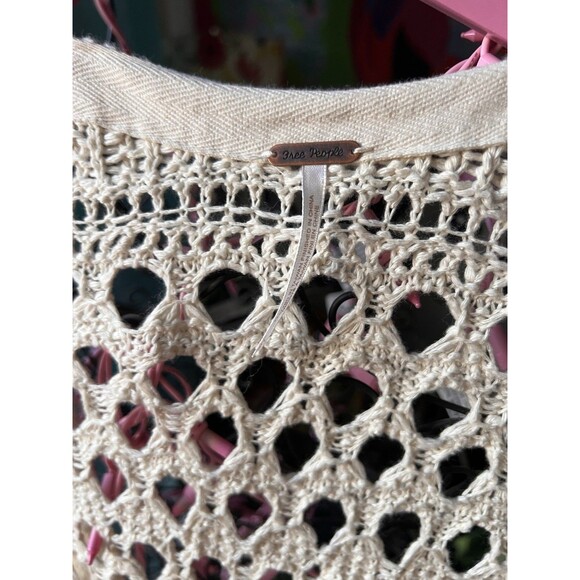 Free People Long Crochet Cardigan Duster Sweater Cream Size Large Boho Festival - Picture 5 of 6
